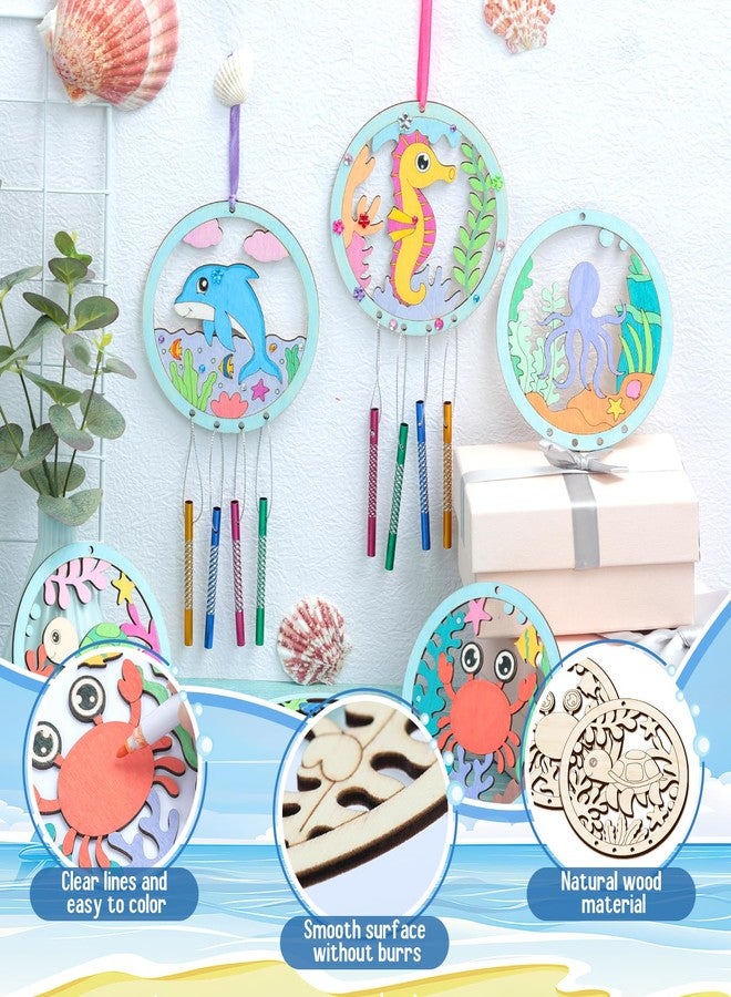 TREACLUB 12Pack Wind Chime Kit for Kids Make Your Own Ocean Animals Wind Chime DIY Coloring Wood Crafts Summer Wooden Arts and Crafts Under Sea Ornaments for Boys Girls School Activities Party Decoration - Image 4